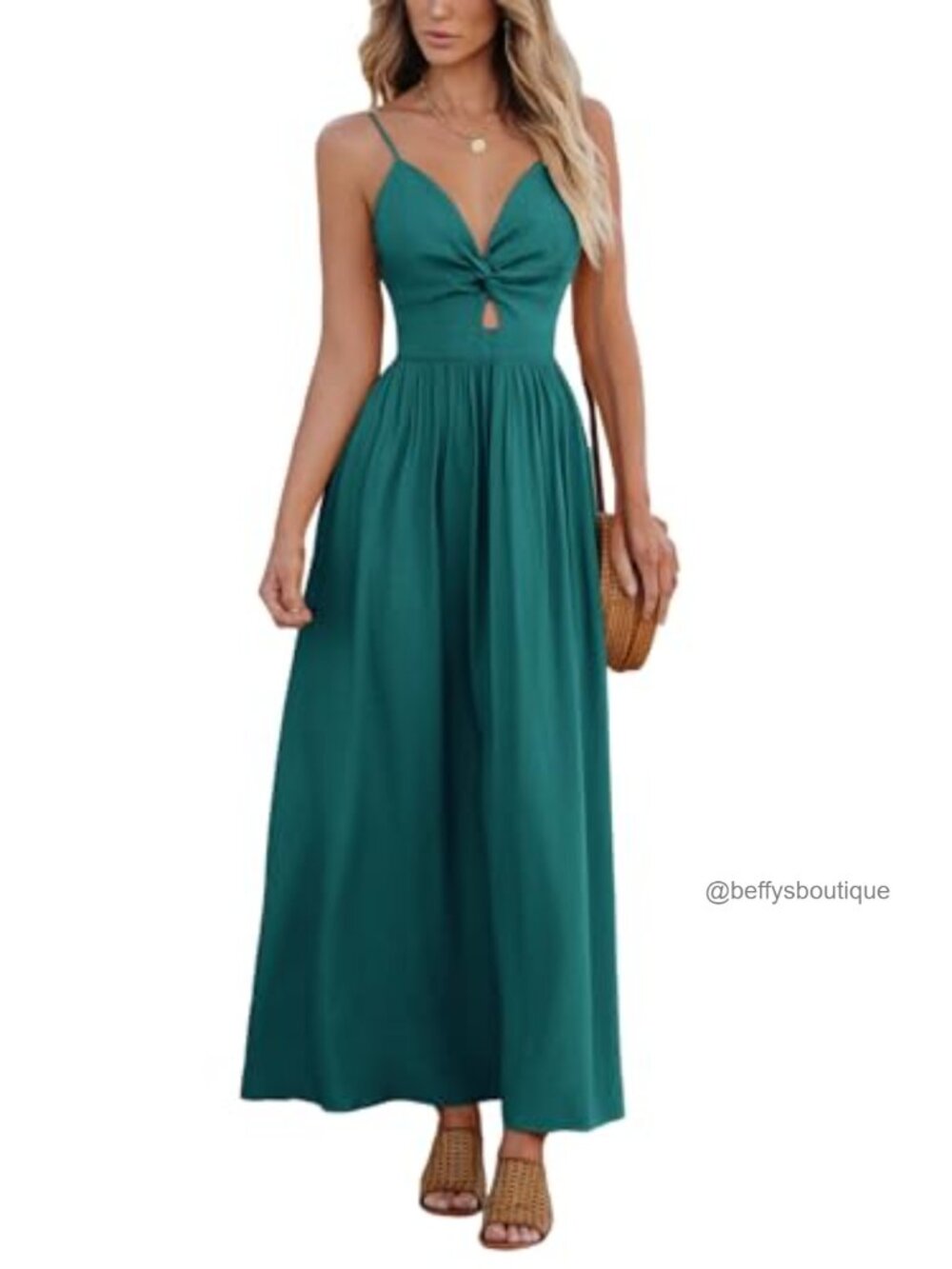 Teal Cutout Maxi Dress 100% Rayon Pleated V-Neck Sleeveless Summer Formal A-Line